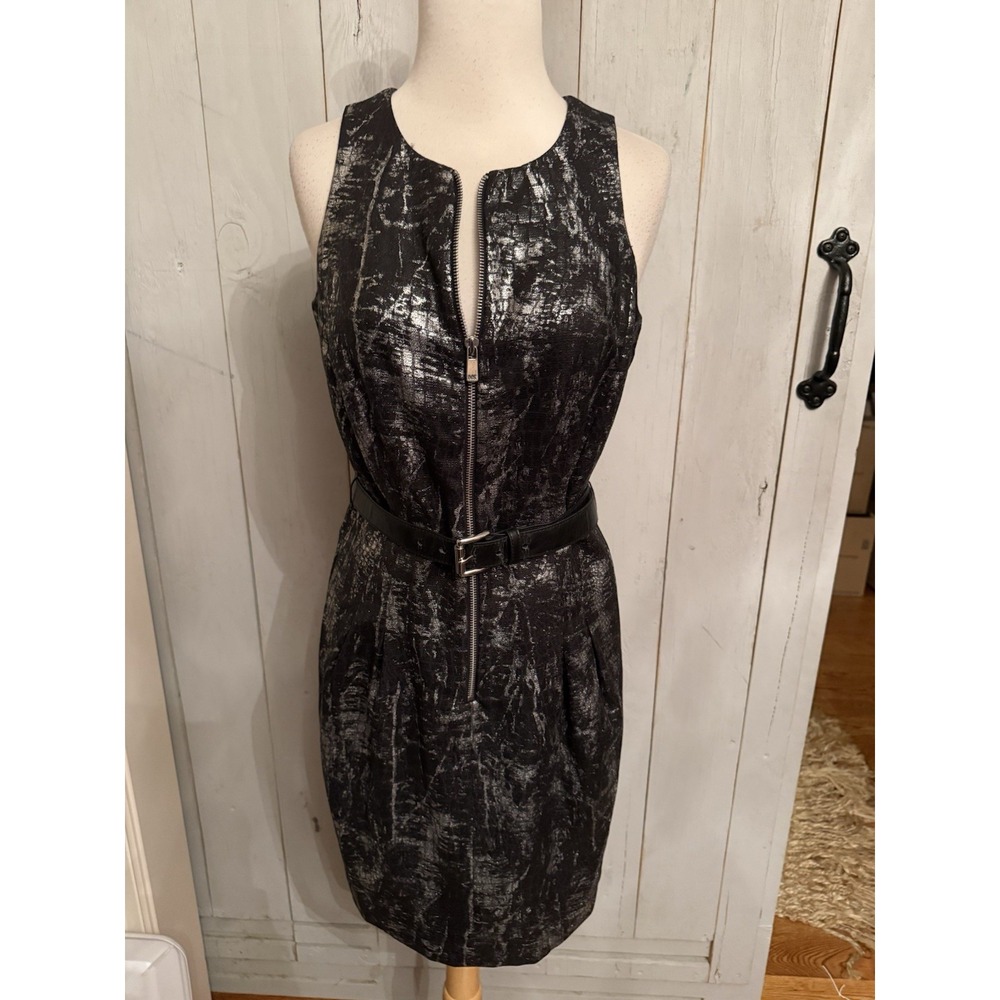 Michael Kors Black Metallic Print Belted Zipper Mini Dress Sz-6 $150 NWT